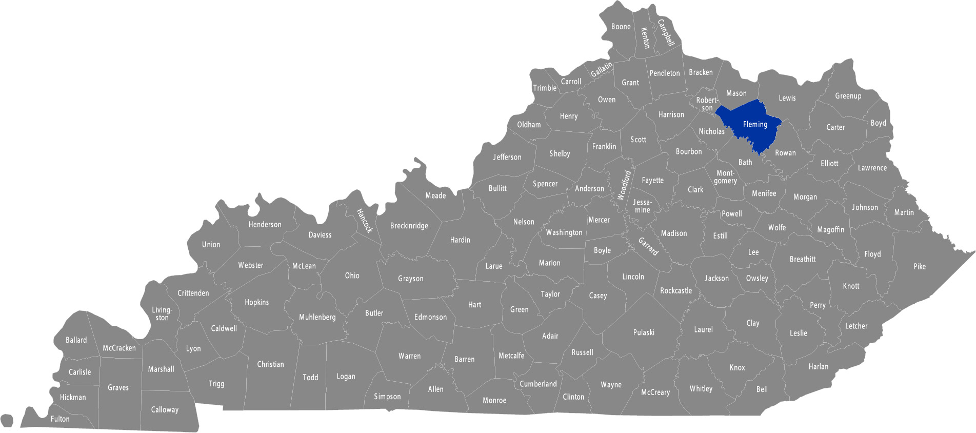 State of Kentucky map with Fleming County highlighted 